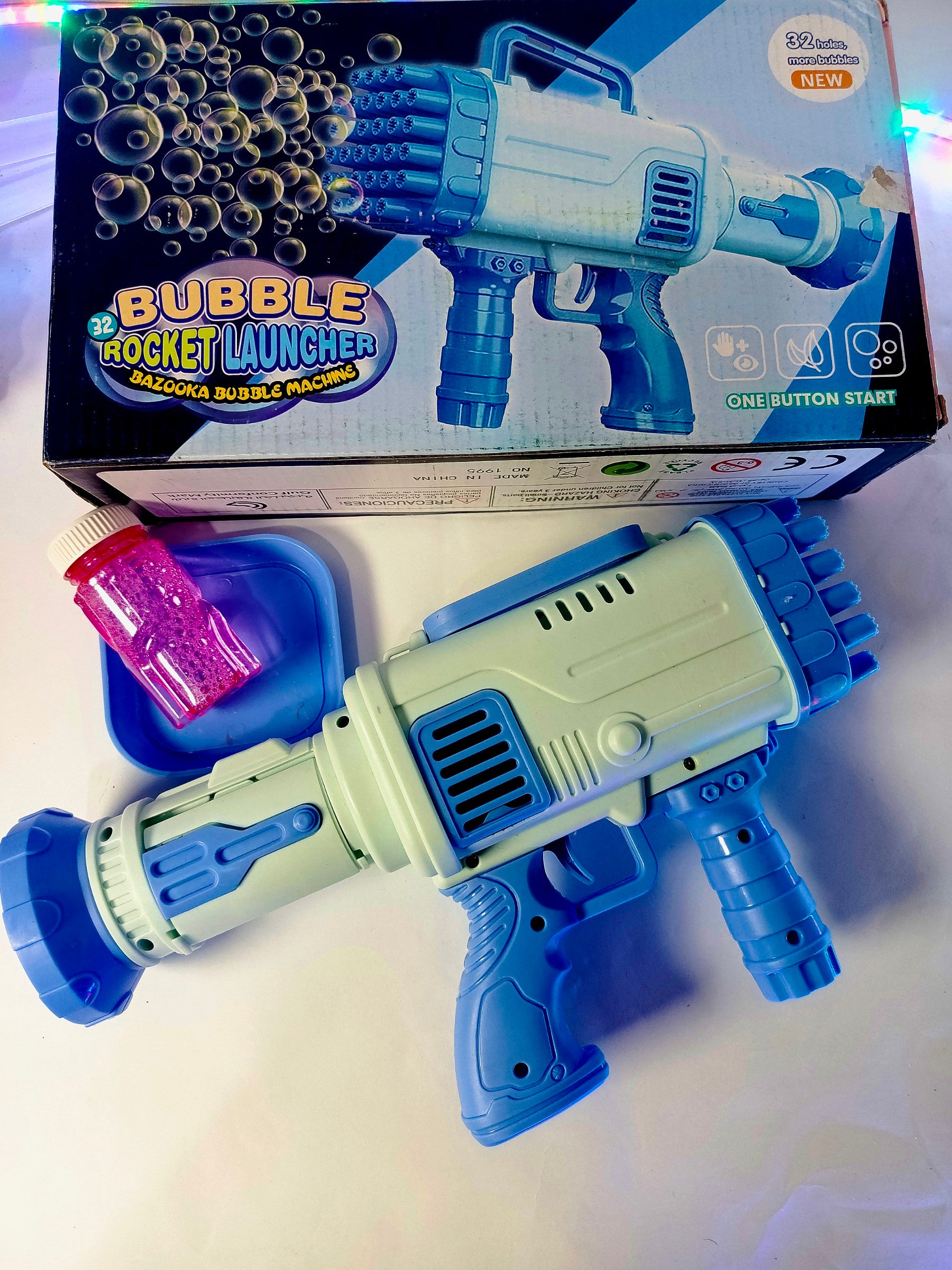 Bazooka Bubble Gun Machine for Kids – 32 Holes with Free Bubble Water Bottle