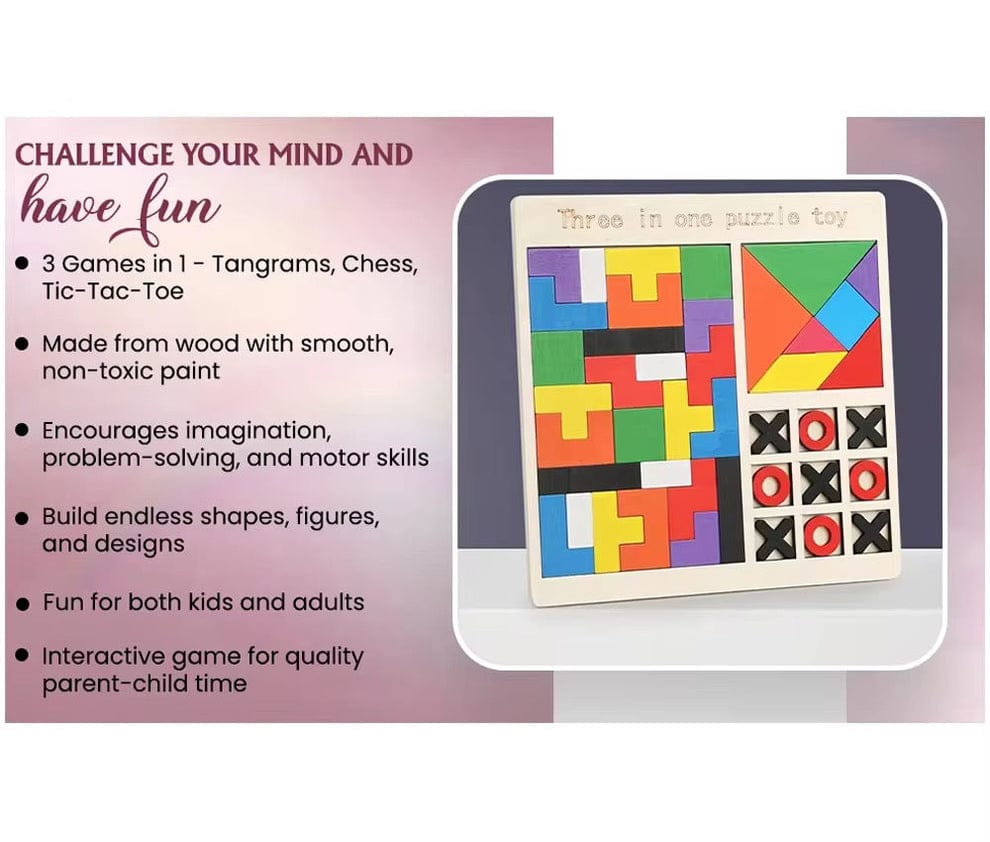 Wooden Puzzle Game 3-in-1 for Kids – Educational & Fun Learning Toy